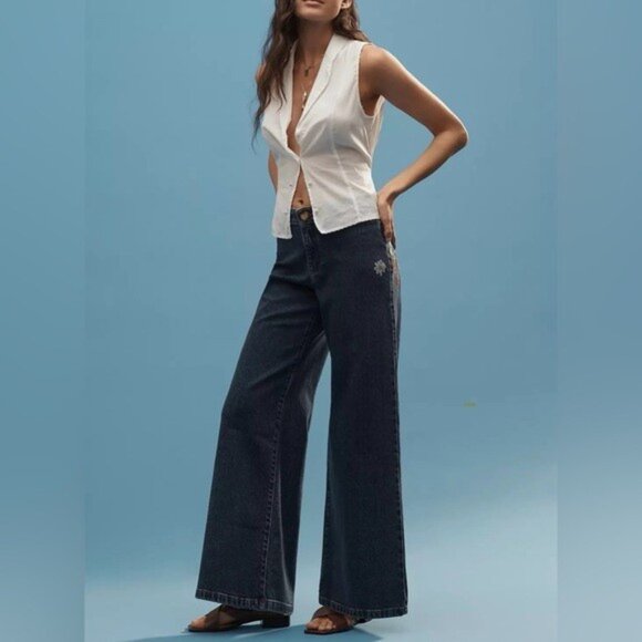 NWT Size 32  - Maeve Wide-Leg Jeans Strawberry Embroidered (NWT US$ 158) - Picture 6 of 16